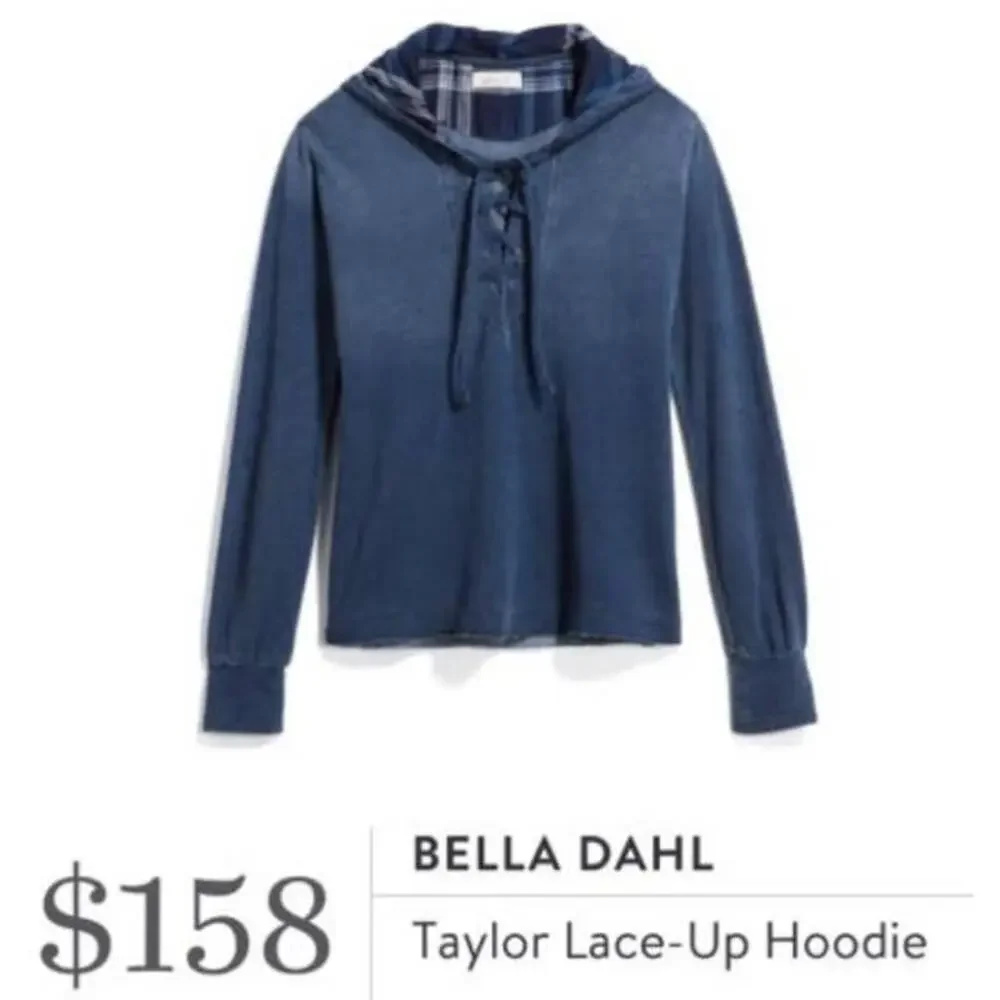 BELLA DAHL Taylor Lace-Up Raw Hem Hoodie Top Blue B9336-590 Women's Size Small - Picture 9 of 9